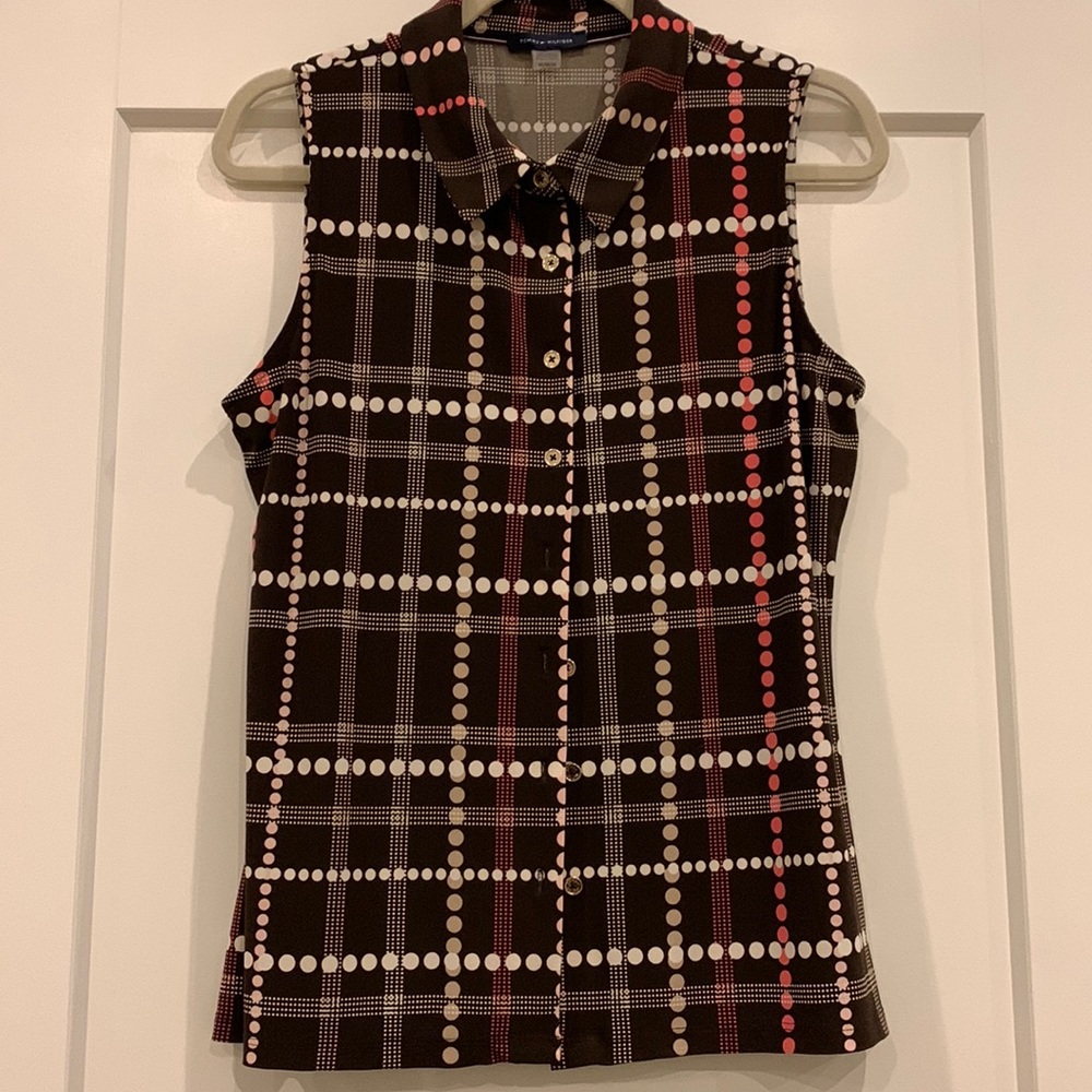 Tommy Hilfiger Sleeveless Button Down Shirt Dark Brown, Pink & Cream Size M